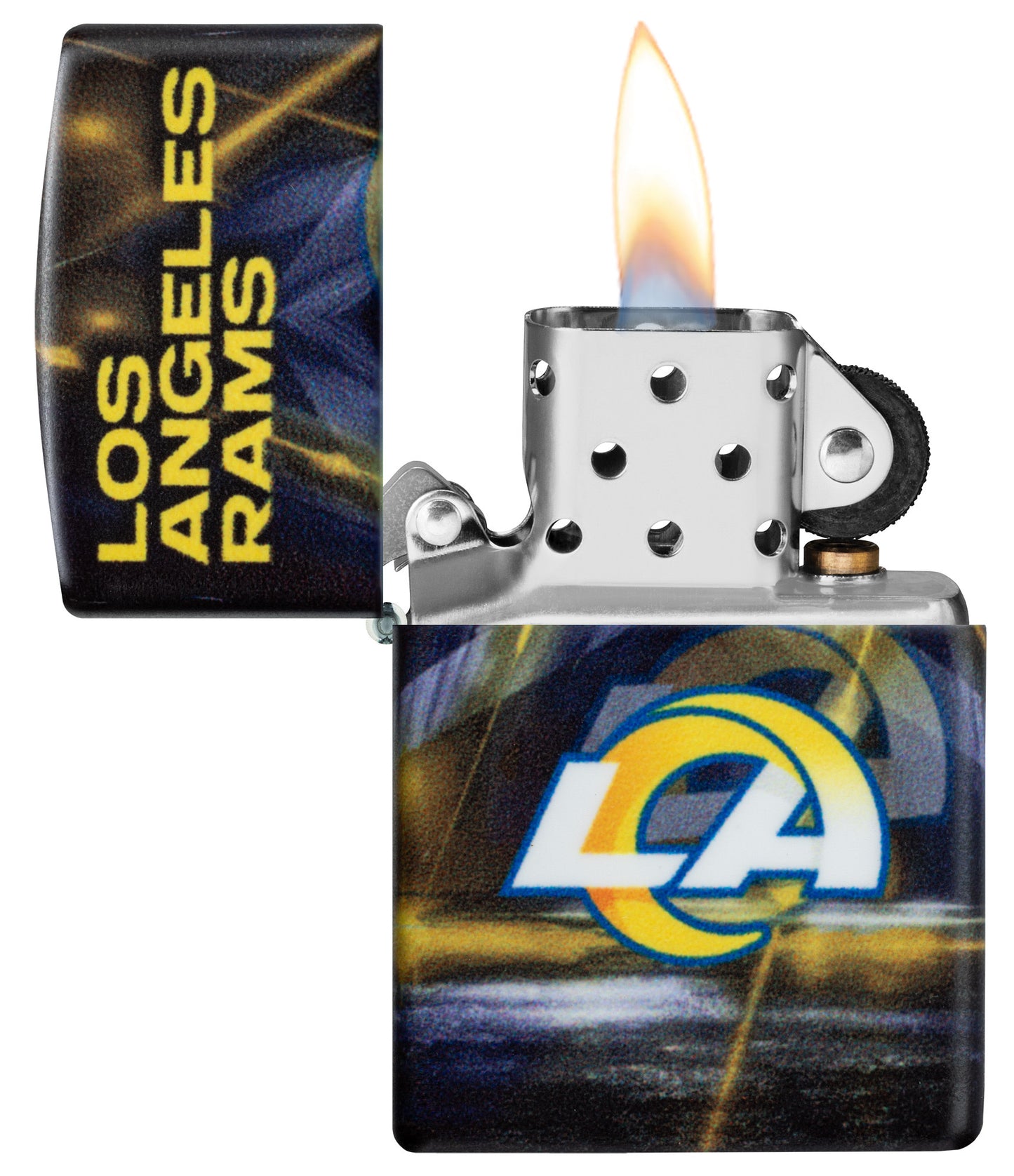 Zippo NFL Los Angeles Rams 540 Matte Windproof Lighter with its lid open and lit.