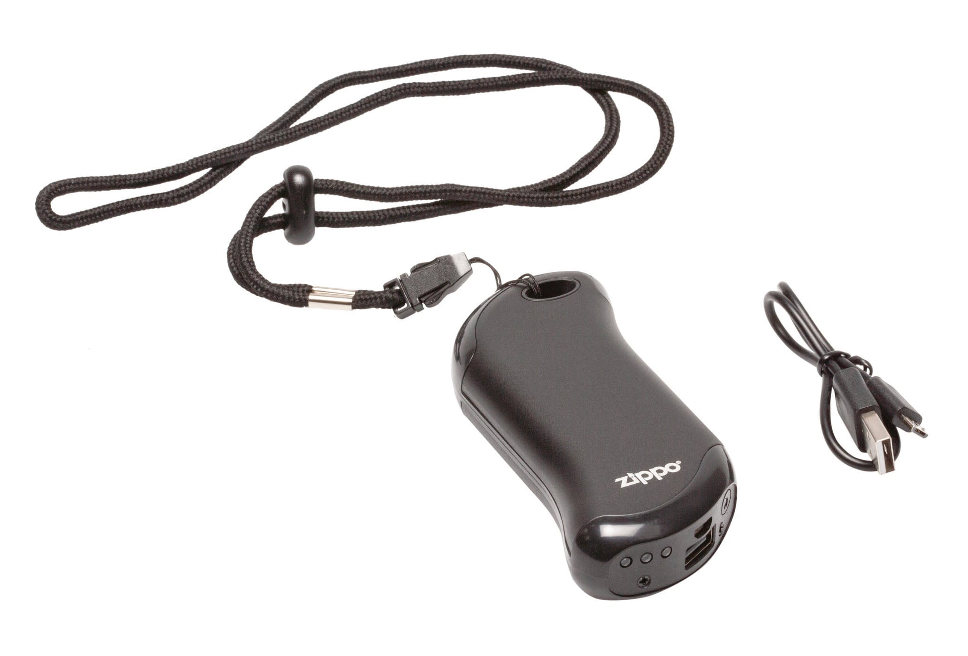Black HeatBank 9s Rechargeable Hand Warmer with the included landyard and charging cable.