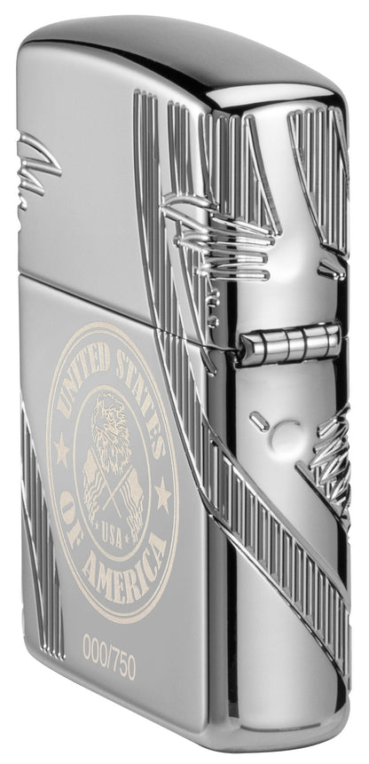 Angled shot of Zippo Liberty Crest Collectible Armor® High Polish Chrome Windproof Lighter showing the back and hinge side of the lighter.