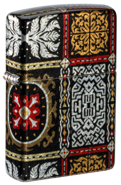 Front shot of Zippo Tapestry Pattern Design 540 Tumbled Chrome Windproof Lighter standing at a 3/4 angle.