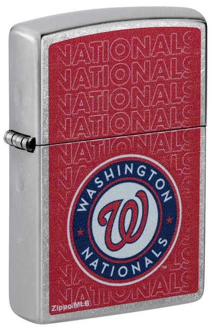 Front shot of Zippo MLB® Washington Nationals Street Chrome Windproof Lighter standing at a 3/4 angle.