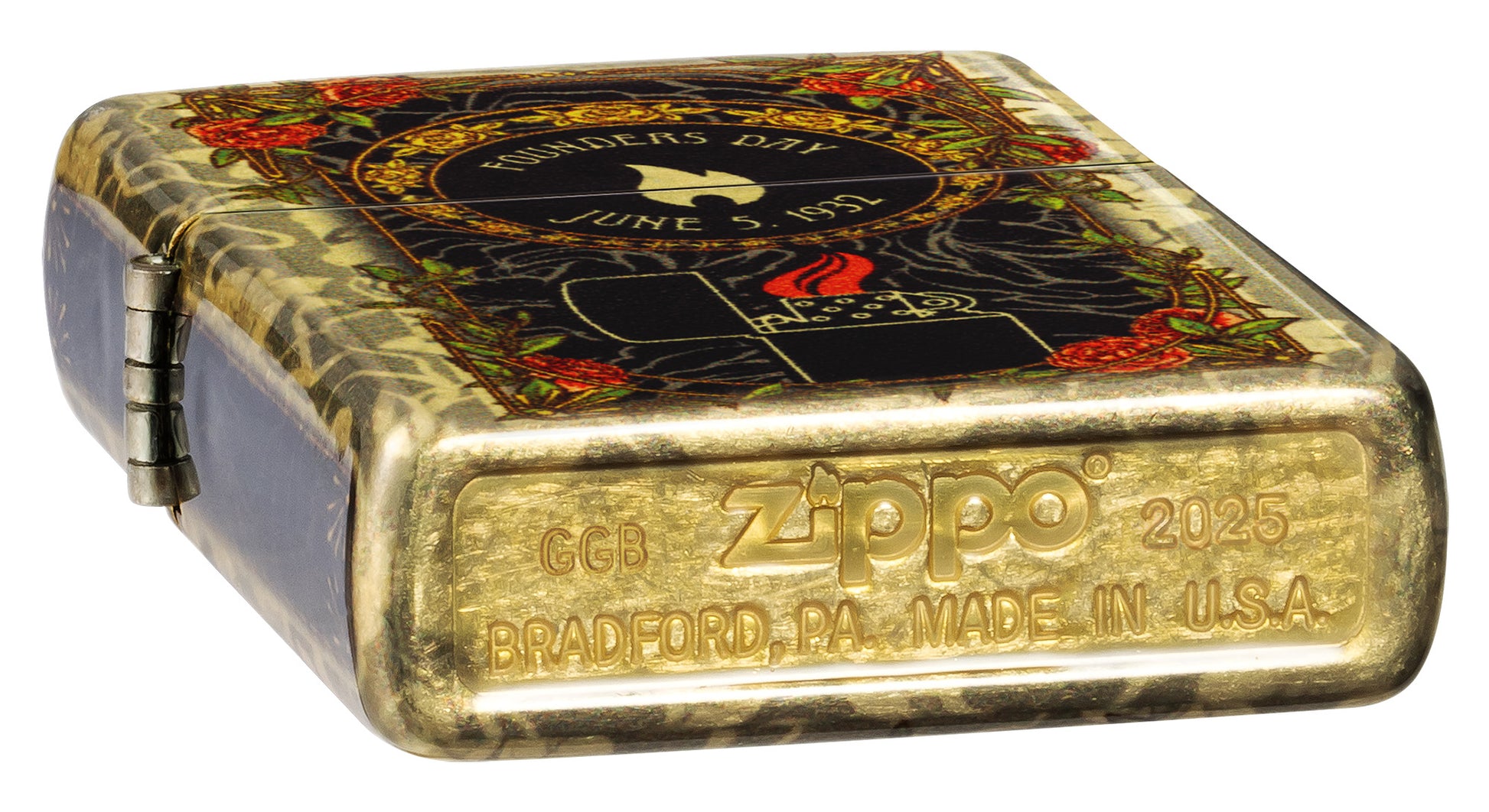 Zippo 2025 Founder's Day Collectible 540 Tumbled Brass Windproof Lighter showing the bottom stamp.
