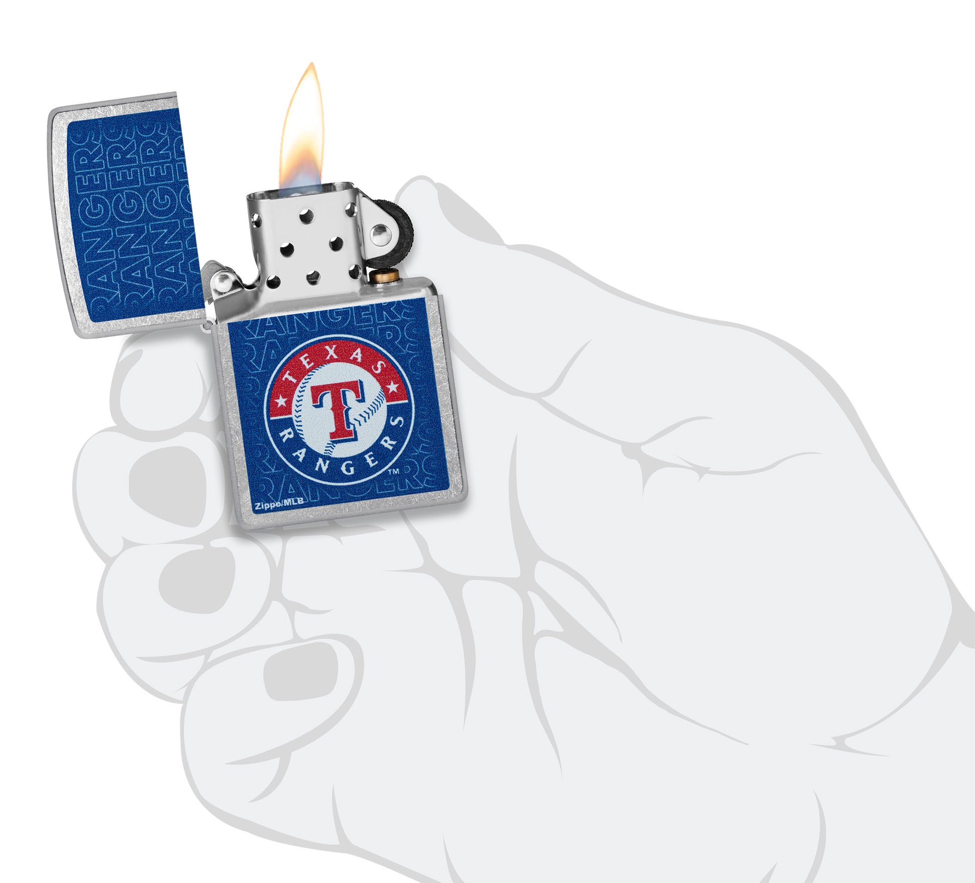 Zippo MLB® Texas Rangers Street Chrome Windproof Lighter lit in hand.