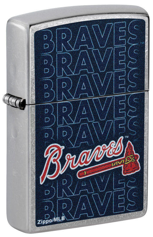 Front shot of Zippo MLB® Atlanta Braves Street Chrome Windproof Lighter standing at a 3/4 angle.