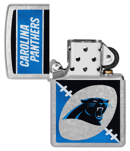 Zippo NFL Carolina Panthers Street Chrome Windproof Lighter with its lid open and unlit.