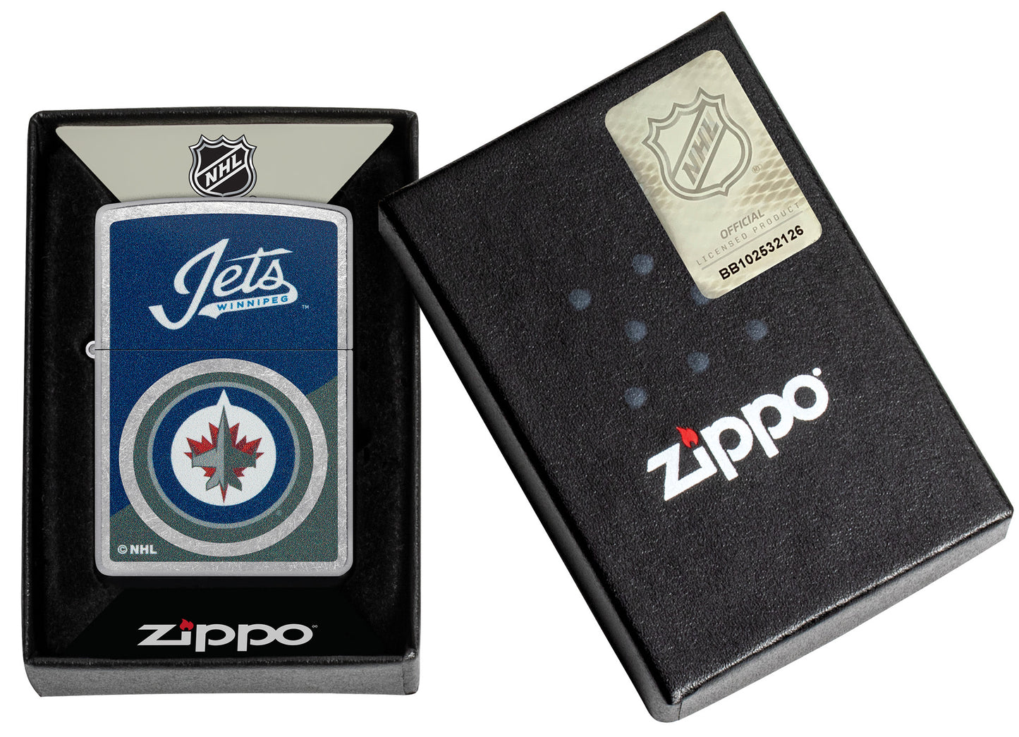 Zippo NHL® Winnipeg Jets™ 2024 Street Chrome™ Windproof Lighter in its packaging.