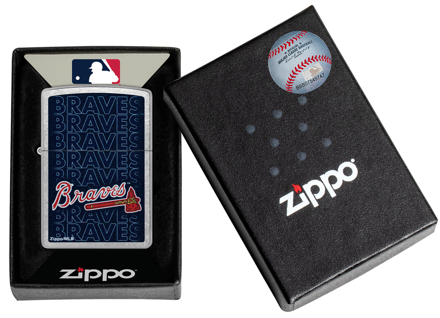 Zippo MLB® Atlanta Braves Street Chrome Windproof Lighter in its packaging.