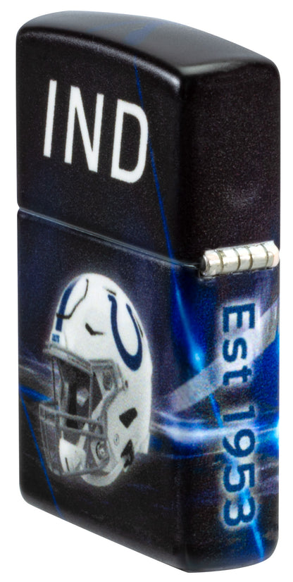 Angled shot of Zippo NFL Indianapolis Colts 540 Matte Windproof Lighter showing the back and hinge sides of the lighter.