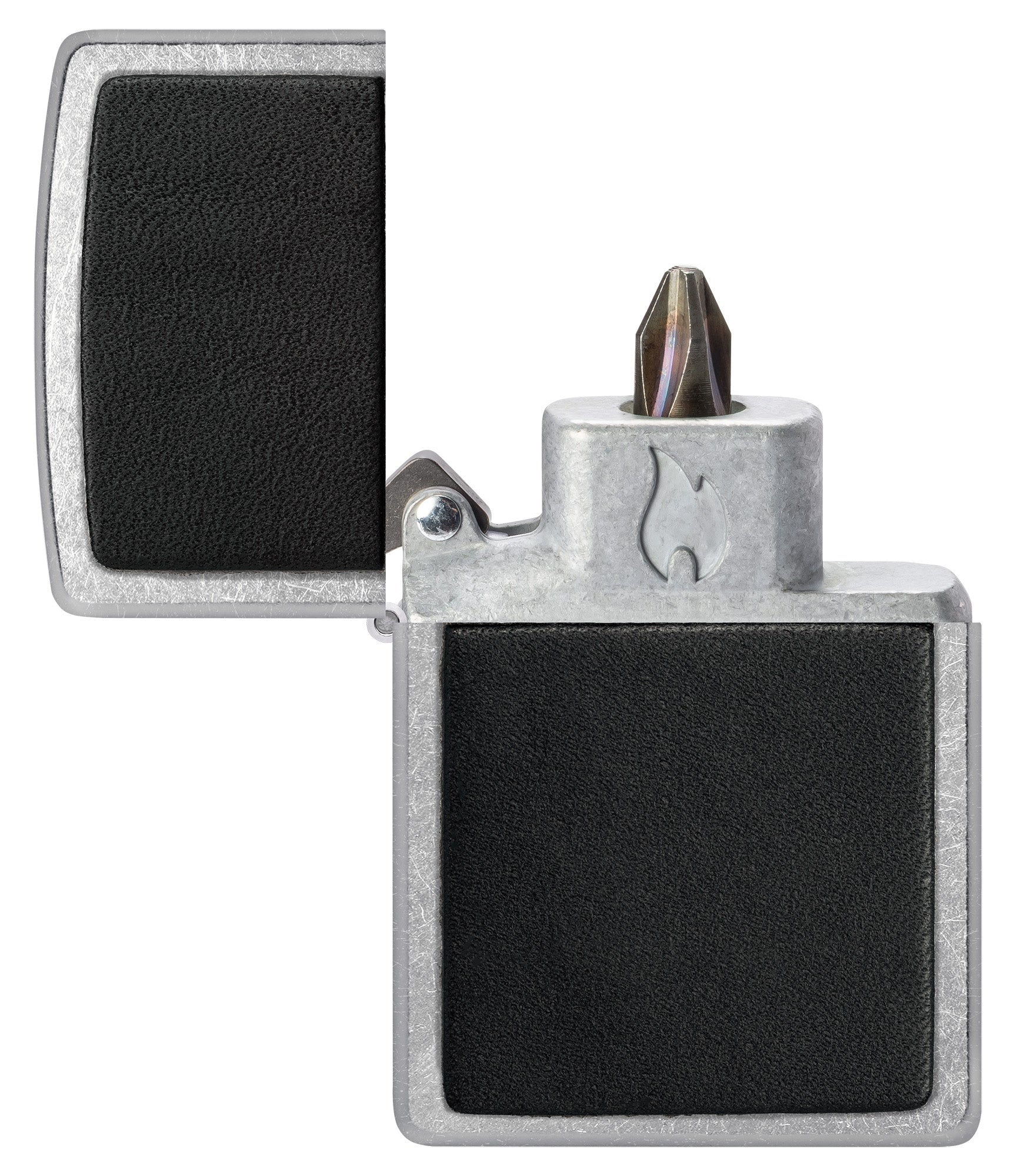 Black Leather Emblem Design Windproof Lighter with its lid open and showing the Bit Safe Screwdriver USA. 