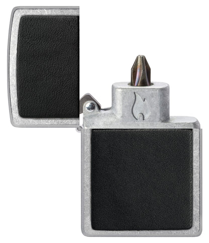 Black Leather Emblem Design Windproof Lighter with its lid open and showing the Bit Safe Screwdriver USA. 