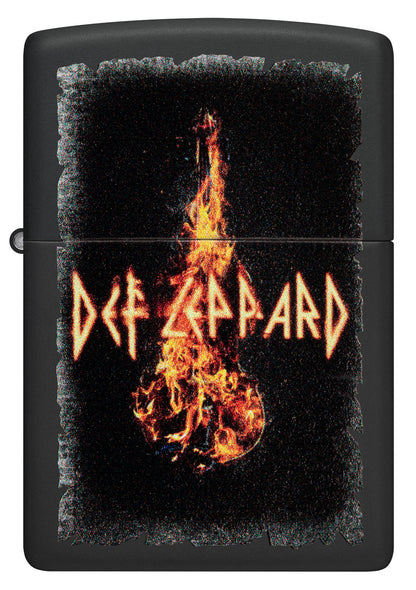 Front view of Zippo Def Leppard Burning Violin Black Matte Windproof Lighter.