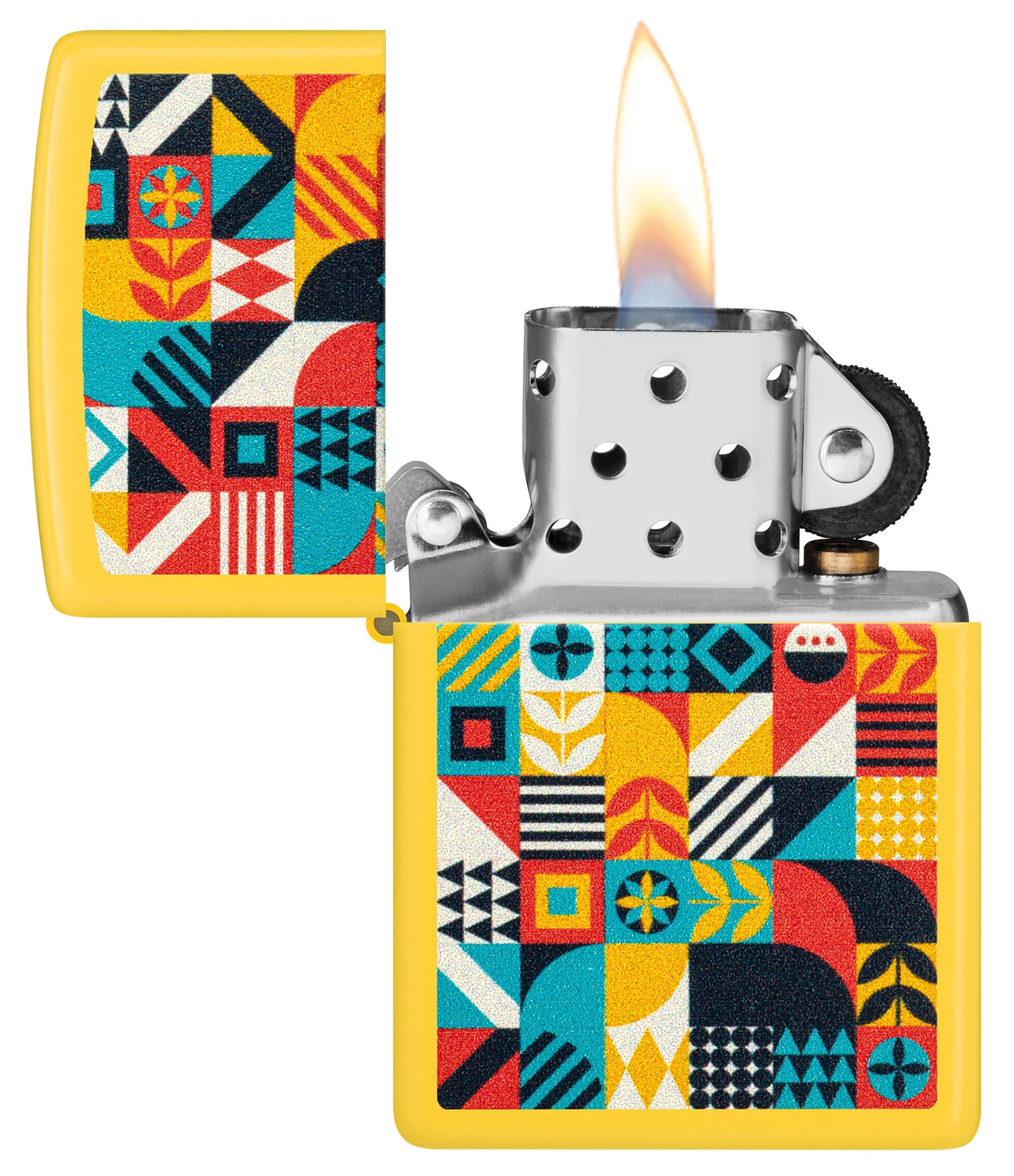 Zippo Barn Quilt Design Sunflower Windproof Lighter with its lid open and lit.