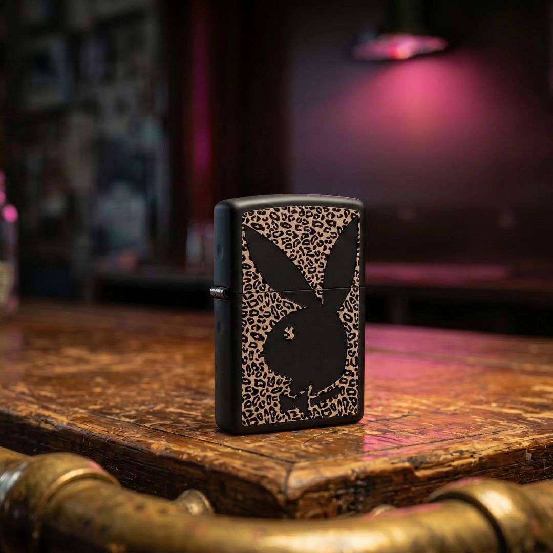 Lifestyle image of Zippo Playboy Cheetah Print Design Black Matte Windproof Lighter standing showing the front and hinge side of the lighter with a bar as the background. 


