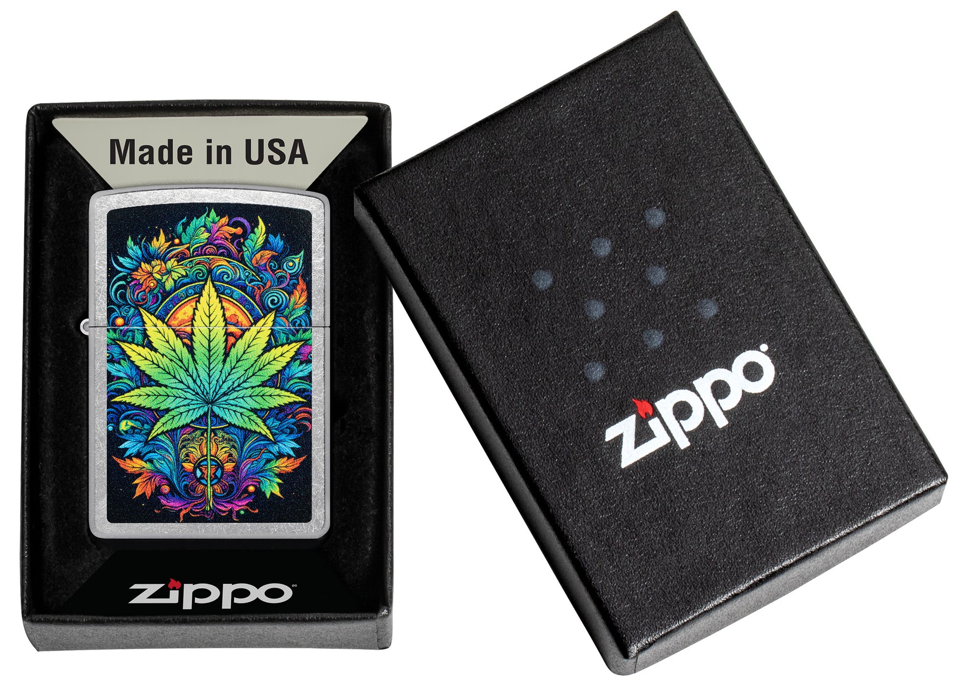 Zippo Captivating Cannabis Design Street Chrome Windproof Lighter in its packaging.