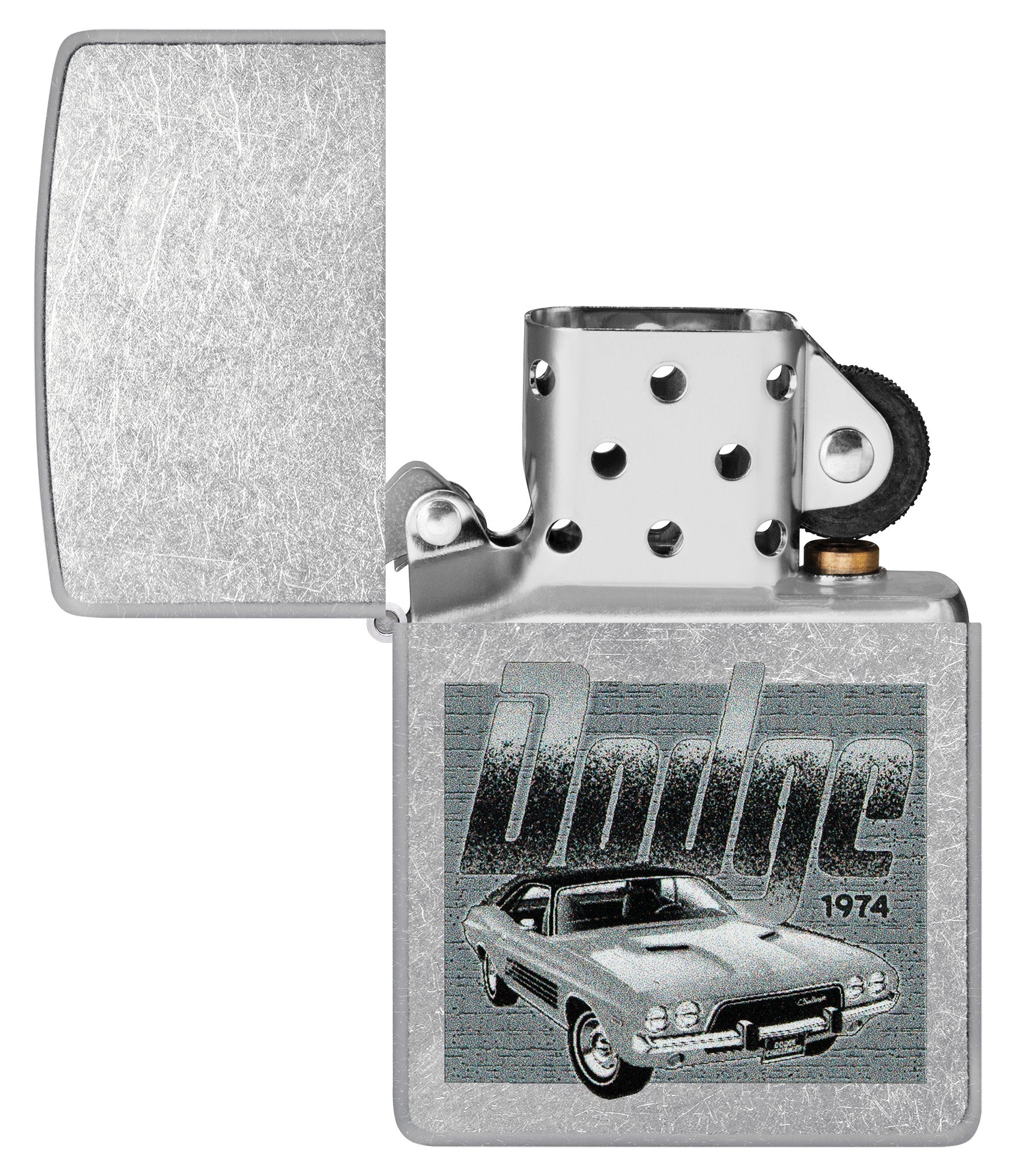 Zippo Dodge Challenger Design Street Chrome Windproof Lighter with its lid open and unlit.