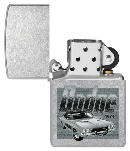 Zippo Dodge Challenger Design Street Chrome Windproof Lighter with its lid open and unlit.