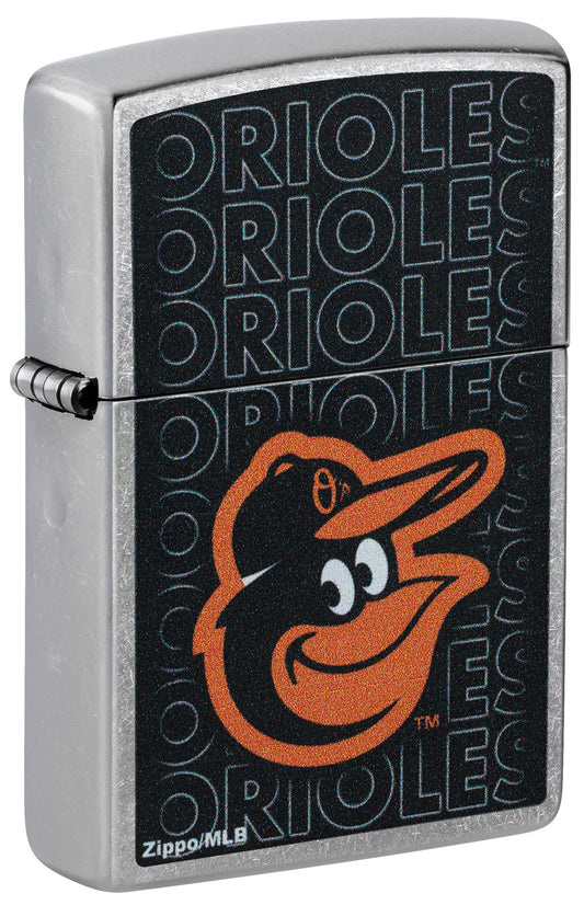 Front shot of Zippo MLB® Baltimore Orioles Street Chrome Windproof Lighter standing at a 3/4 angle.