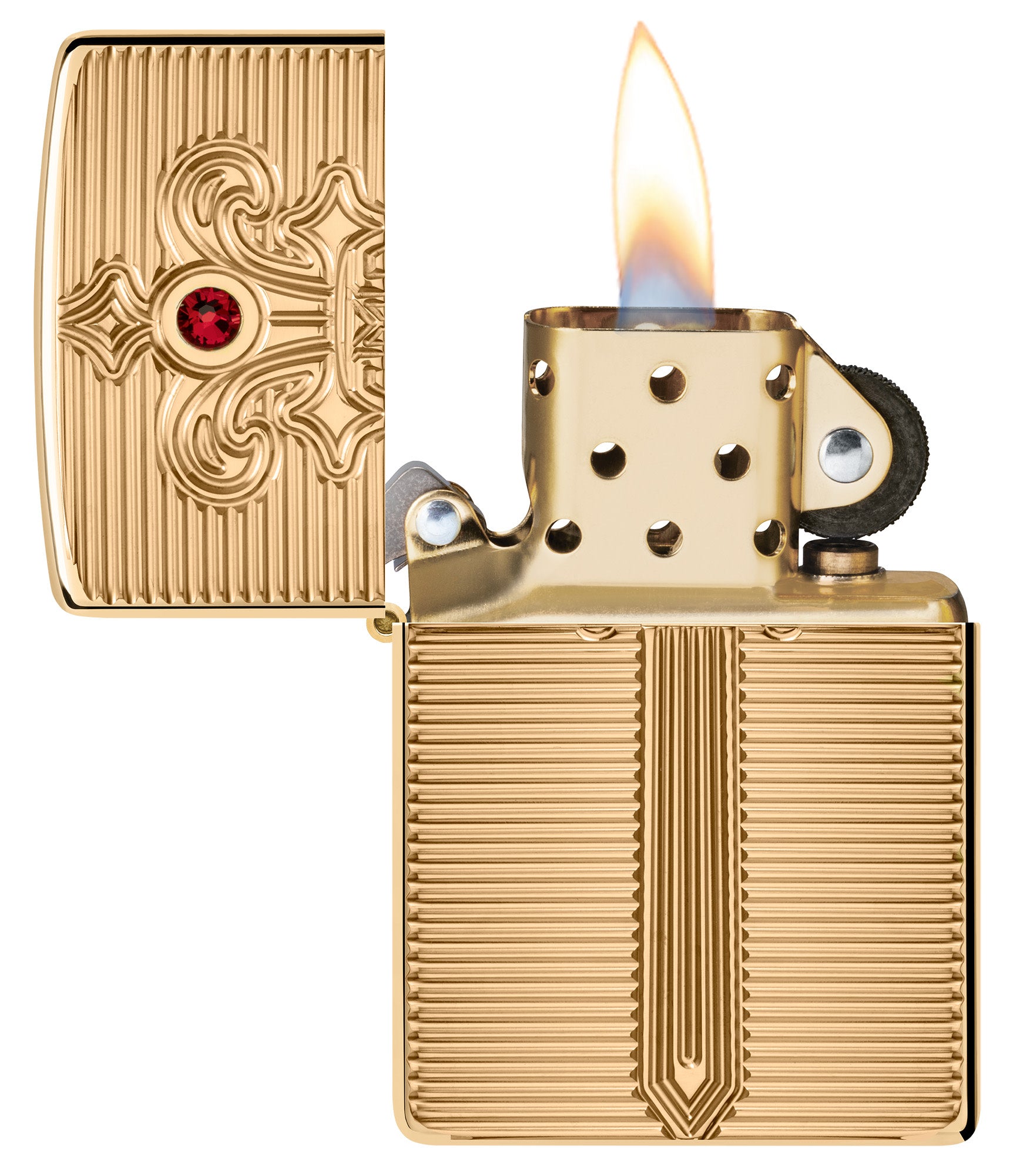 Zippo Royal Saber Design ArmorÂ® High Polish Brass Windproof Lighter with its lid open and lit.