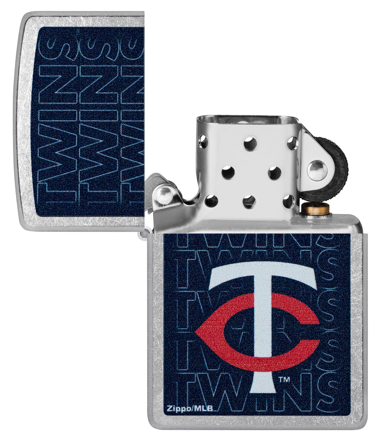 Zippo MLB® Minnesota Twins Street Chrome Windproof Lighter with its lid open and unlit.