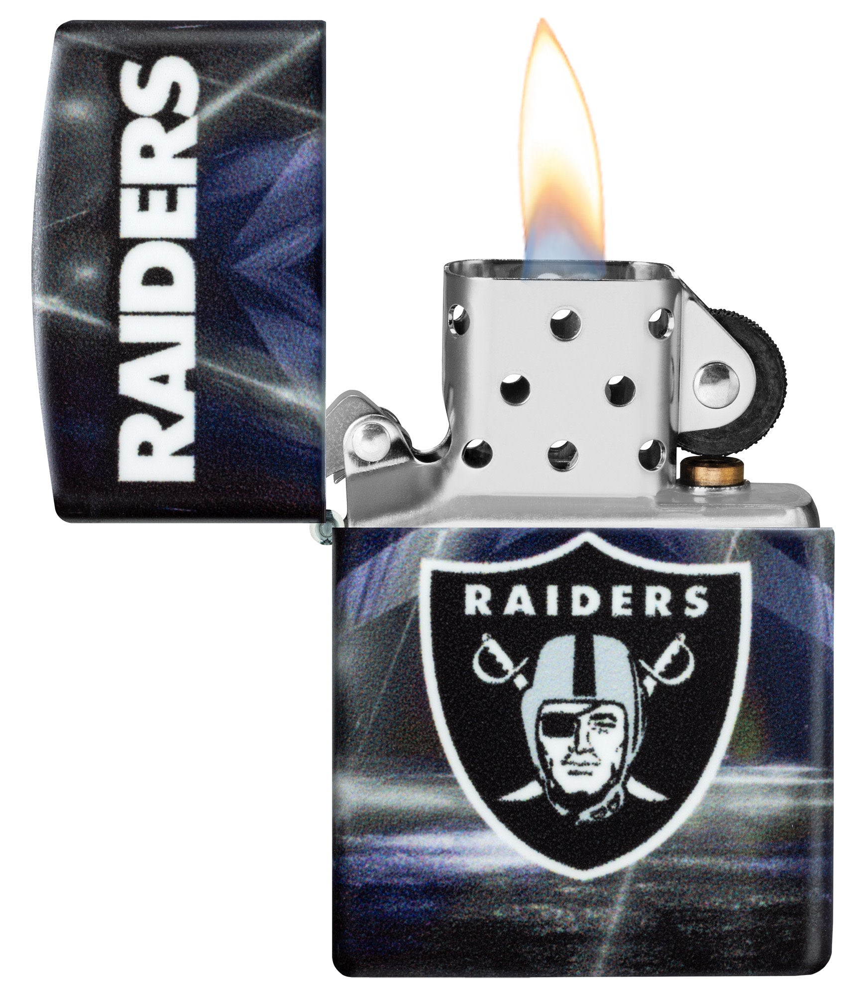 Zippo NFL Las Vegas Raiders 540 Matte Windproof Lighter with its lid open and lit.