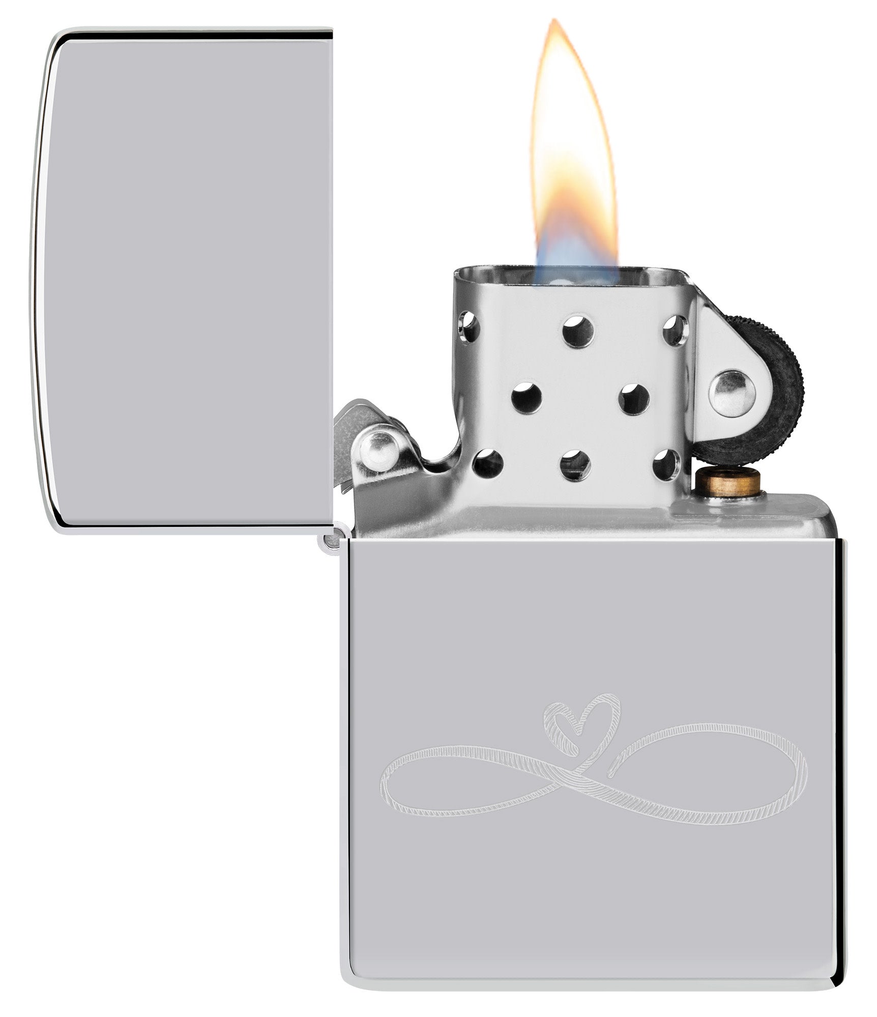 Infinity Heart Design Windproof Lighter with its lid open and lit