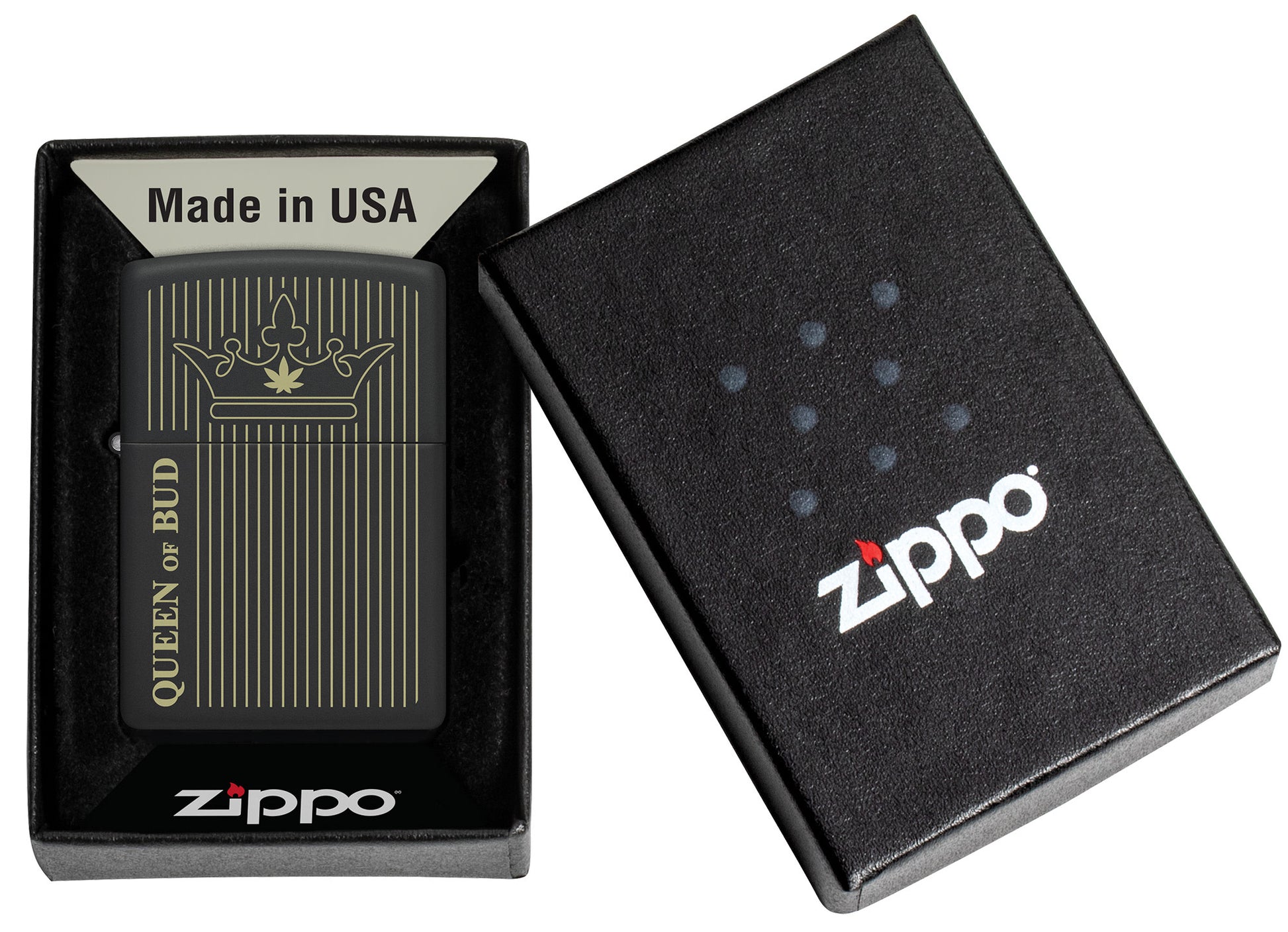 Zippo Queen Of Bud Line Design Black Matte Windproof Lighter in its packaging.