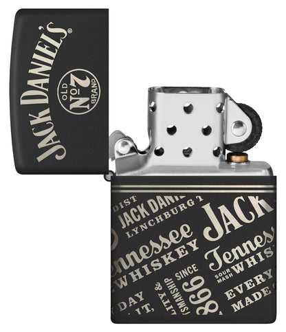 Zippo Jack Daniel's® Every Drop Design Regular Media Chrome Black Matte Windproof Lighter with its lid open and unlit.