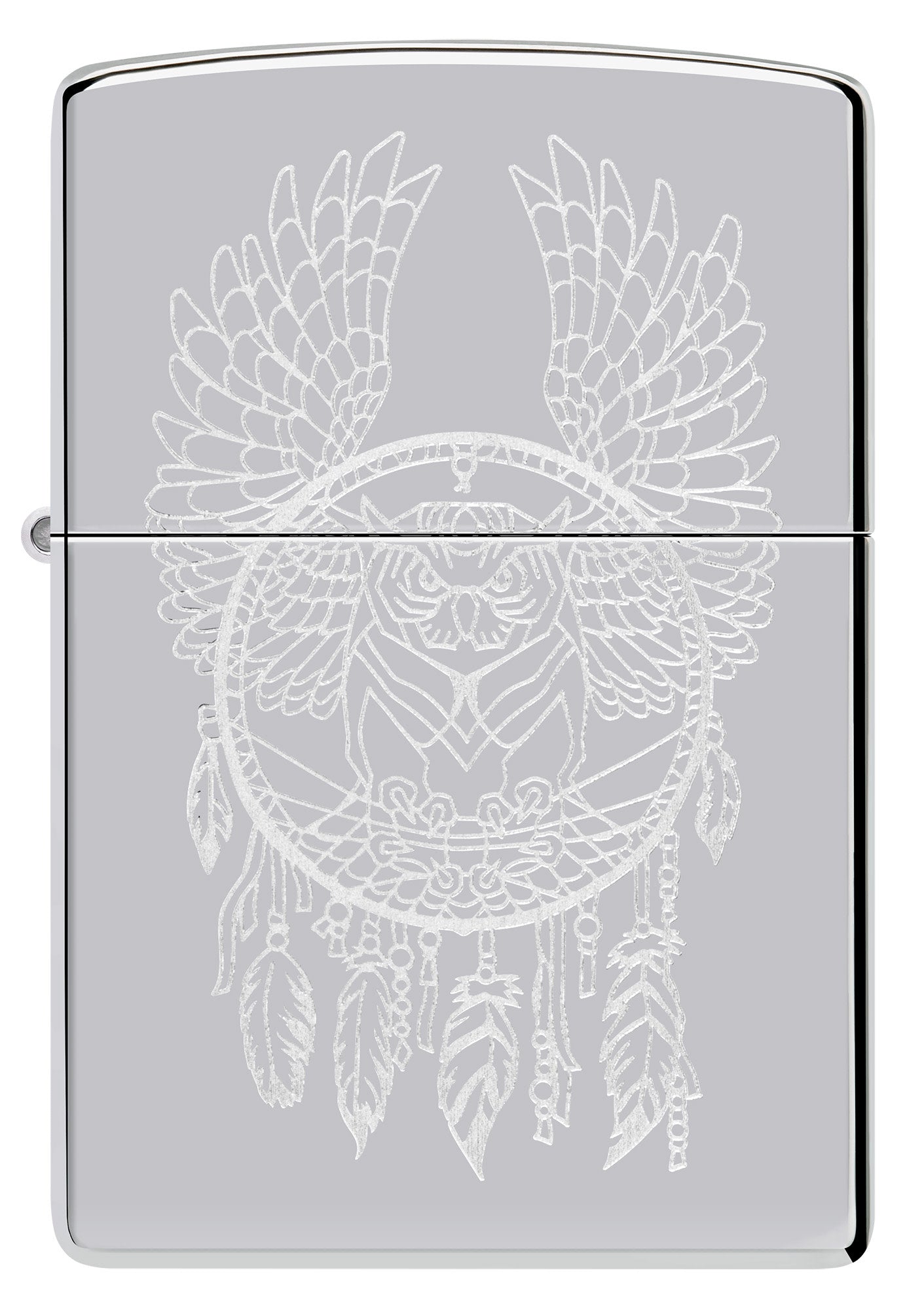 Front shot of Zippo Dreamcatcher Design High Polish Chrome Windproof Lighter.