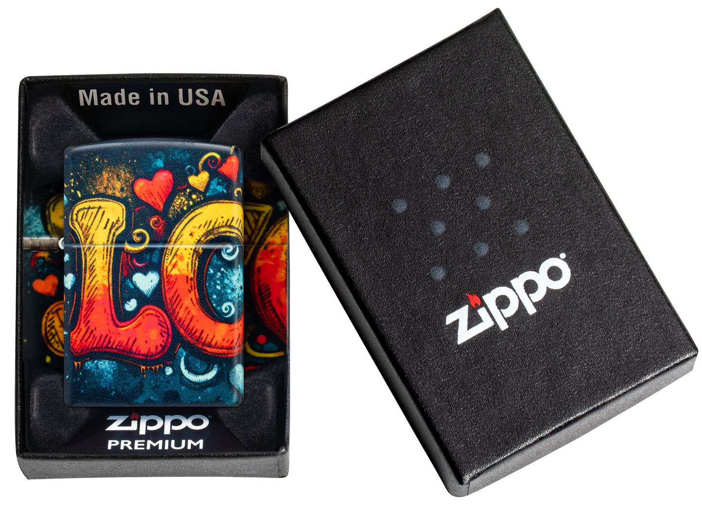 Zippo Love Mural Design 540 Matte Windproof Lighter in its packaging.