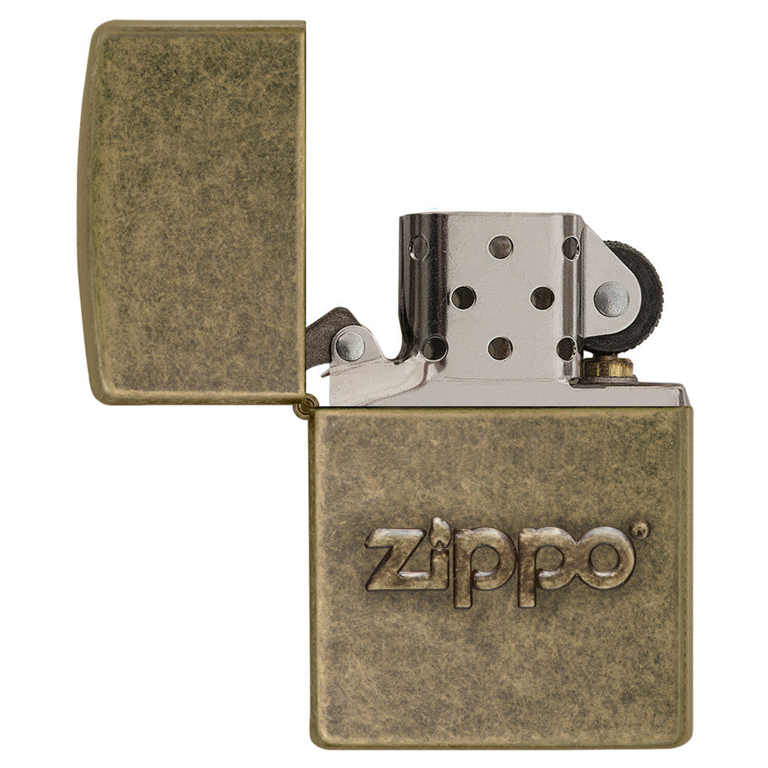 Zippo Stamp Antique Brass Lighter with its lid open and unlit