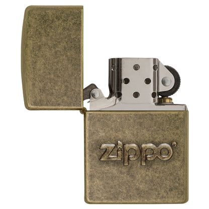 Zippo Stamp Antique Brass Lighter with its lid open and unlit