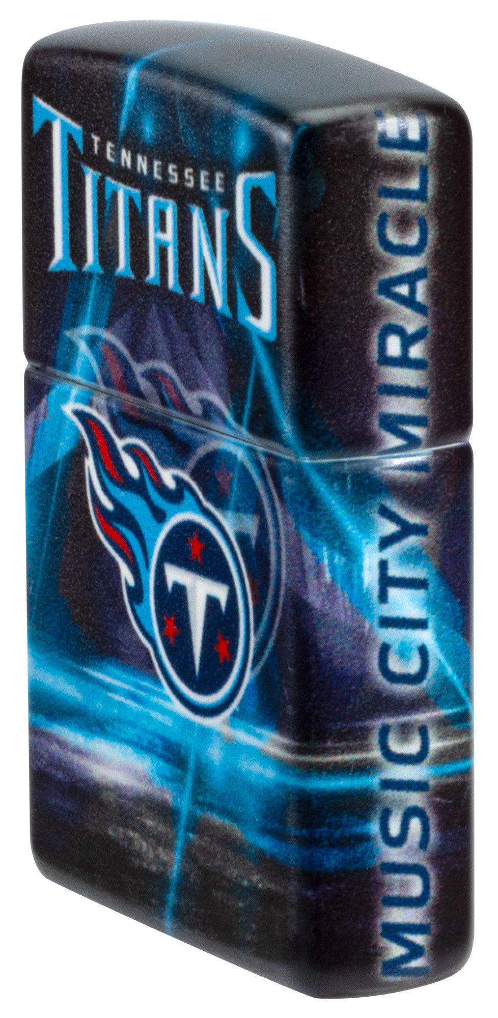 Angled shot of Zippo NFL Tennessee Titans 540 Matte Windproof Lighter showing the front and right sides of the lighter.