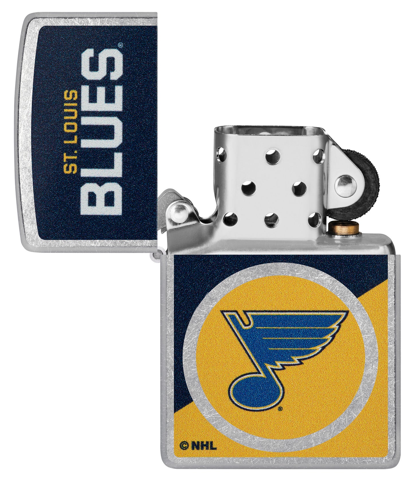 Zippo NHL® St. Louis Blues® 2024 Street Chrome™ Windproof Lighter lit in hand.