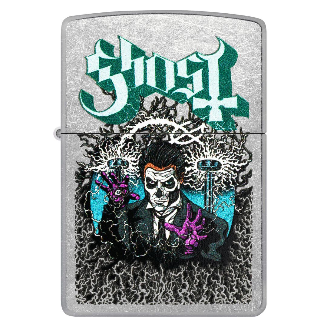 Front view of Zippo Ghost Papa III Design Classic Street Chrome Windproof Lighter.