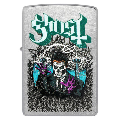 Front view of Zippo Ghost Papa III Design Classic Street Chrome Windproof Lighter.