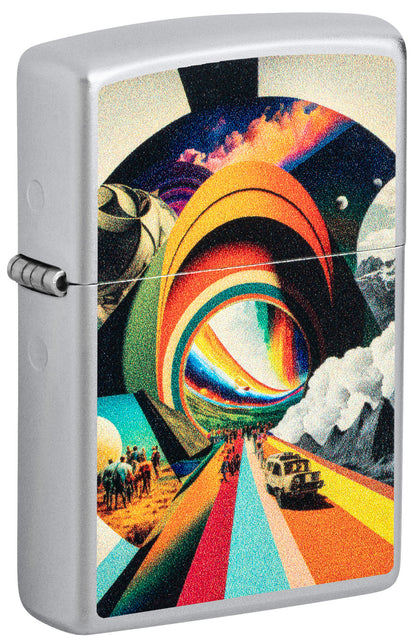 Front shot of Zippo Trippy Travel Design Satin Chrome Windproof Lighter standing at a 3/4 angle.