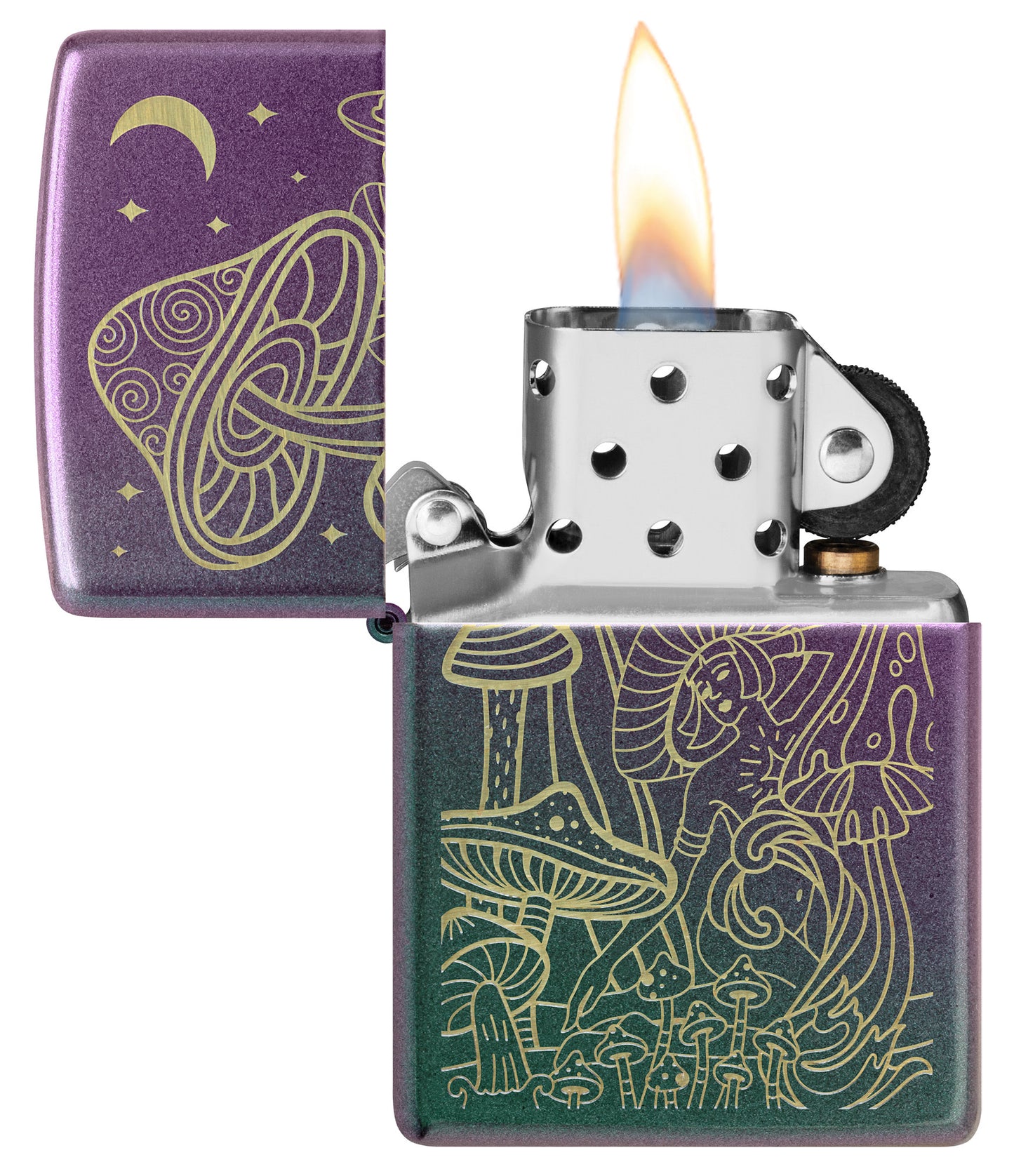 Zippo Laser Mushrooms Design Iridescent Windproof Lighter with its lid open and lit.