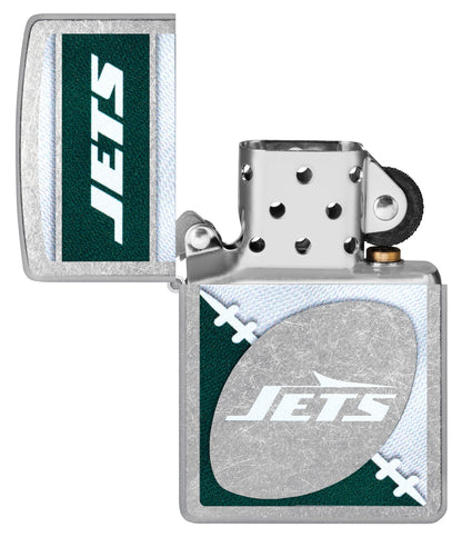 Zippo NFL New York Jets Street Chrome Windproof Lighter with its lid open and unlit.