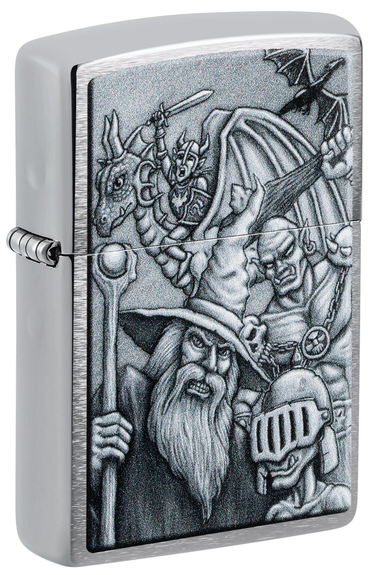 Front shot of Zippo Mystical Beings Design Brushed Chrome Windproof Lighter standing at a 3/4 angle.