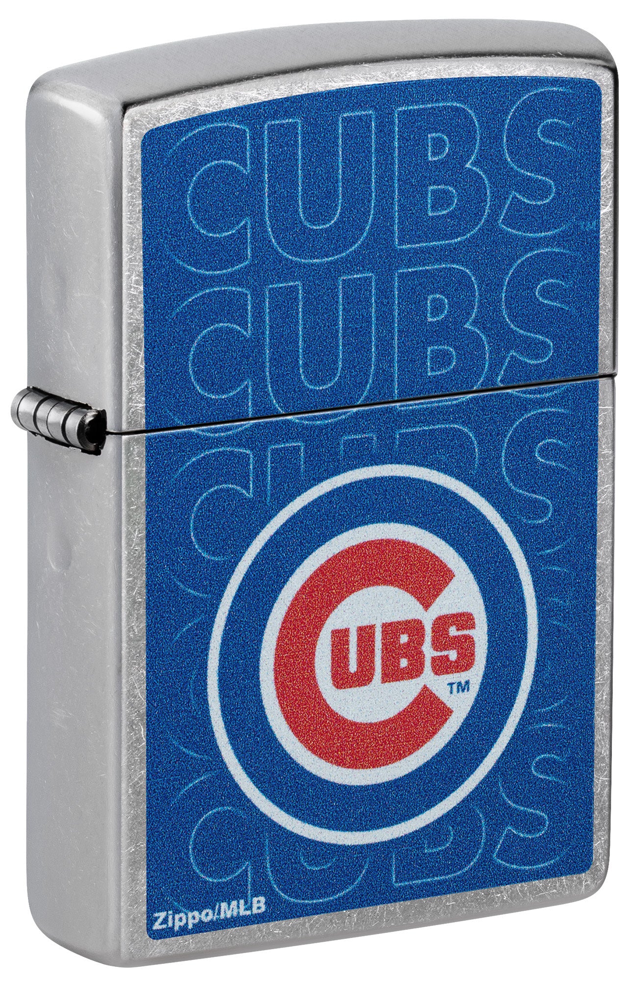 Front shot of Zippo MLB® Chicago Cubs Street Chrome Windproof Lighter standing at a 3/4 angle.