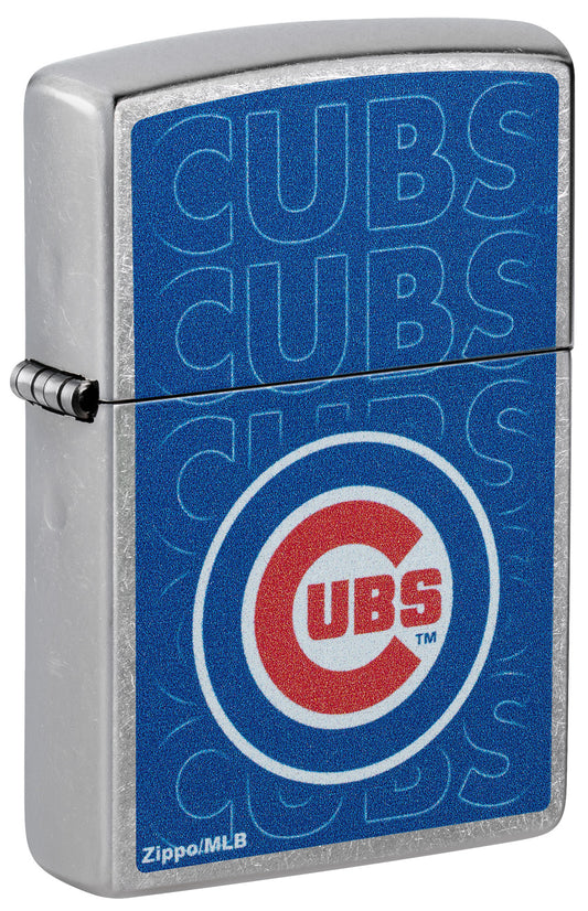 Front shot of Zippo MLB® Chicago Cubs Street Chrome Windproof Lighter standing at a 3/4 angle.