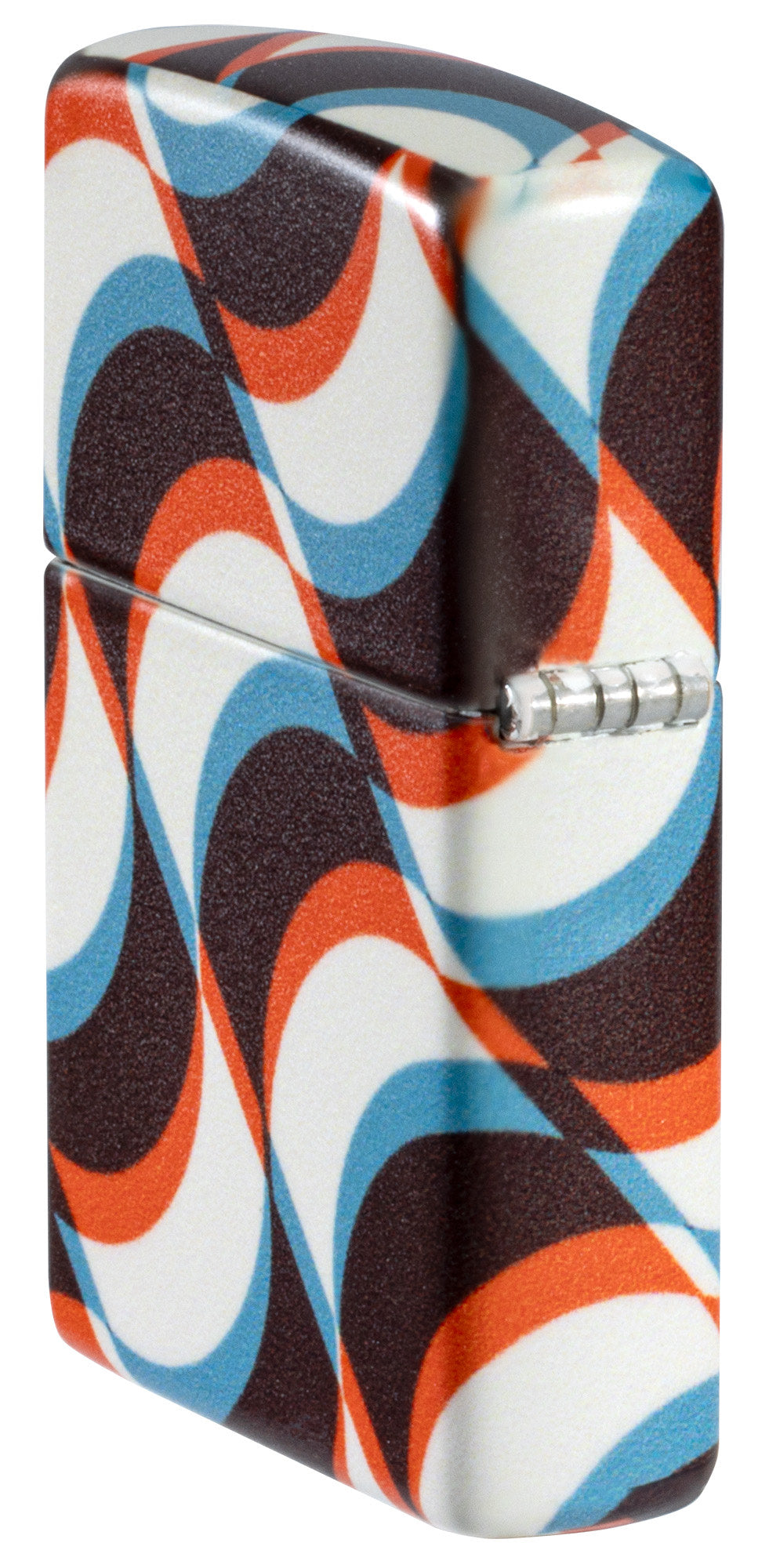 Angled shot of Zippo Funky Pattern Design 540 Matte Windproof Lighter showing the back and hinge sided of the lighter.