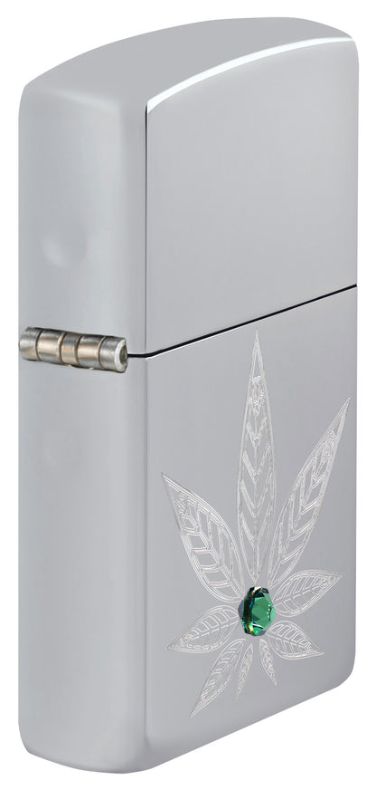 Angled shot of Zippo Cannabis Crystal Design High Polish Chrome Windproof Lighter showing the front and hinge side of the lighter.