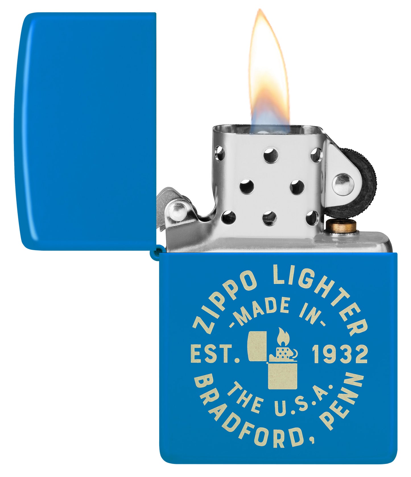 Zippo Seal Design Sky Blue Matte Windproof Lighter with its lid open and lit.