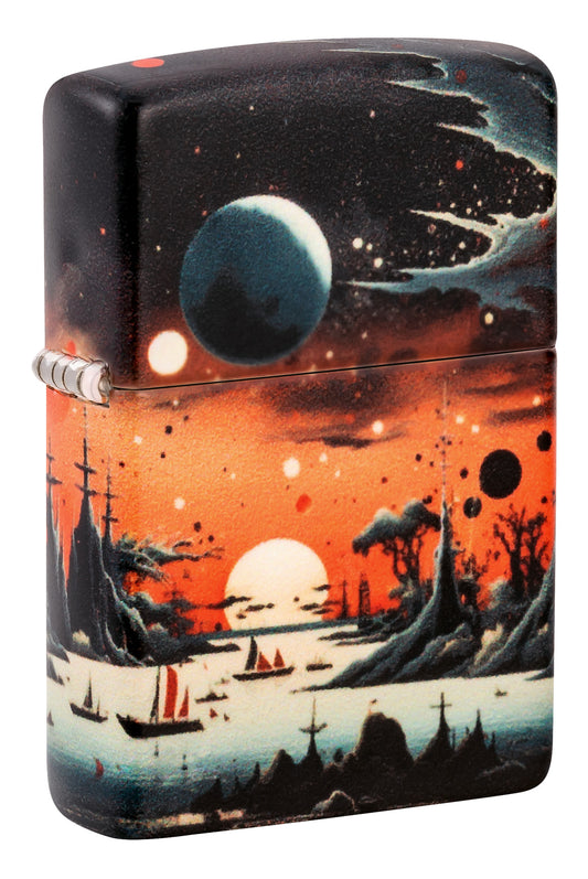 Front shot of Zippo Galactic Landscape Design 540 Matte Windproof Lighter standing at a 3/4 angle.