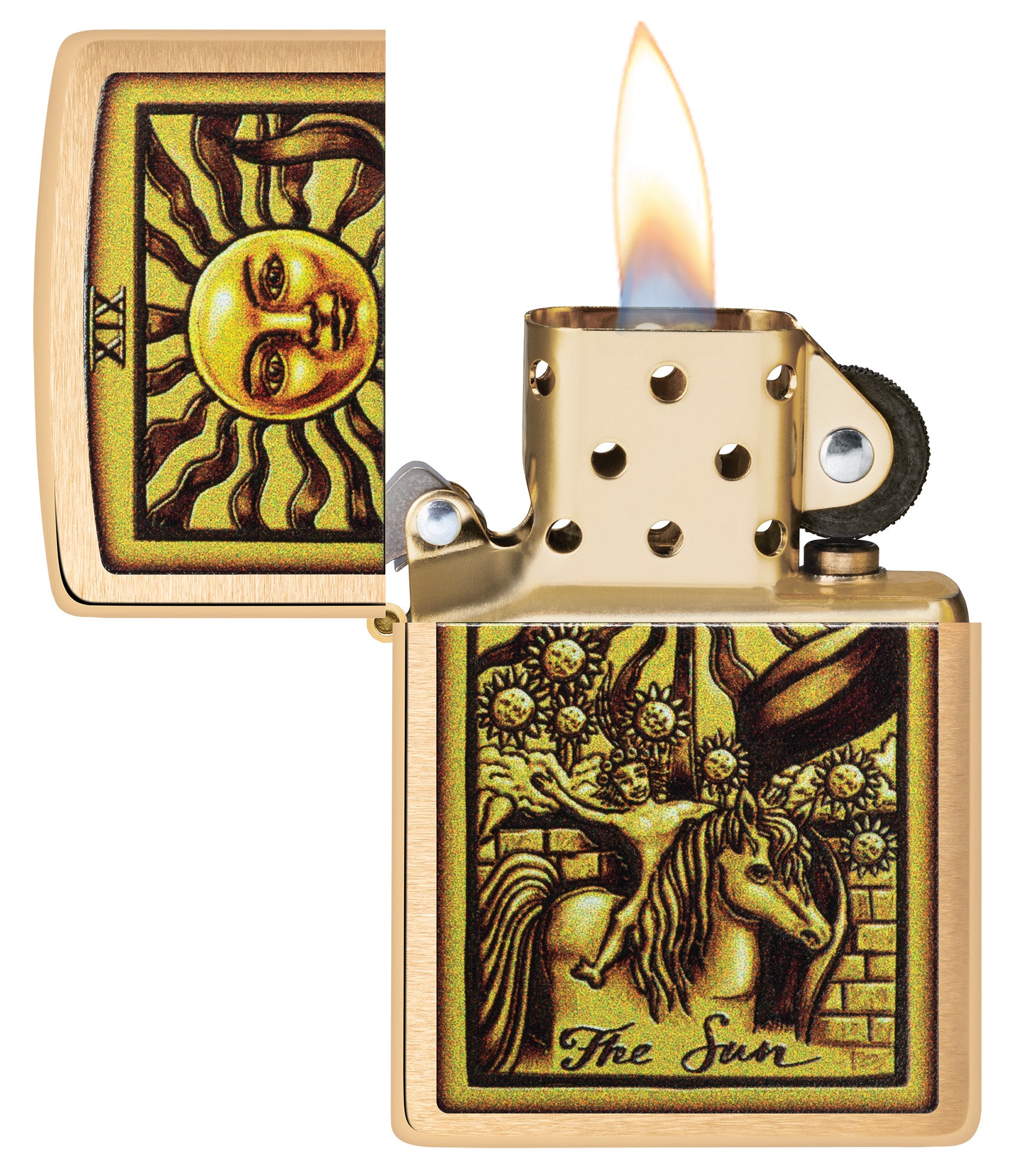 Zippo Tarot Card Brushed Brass Windproof Lighter with its lid open and lit.