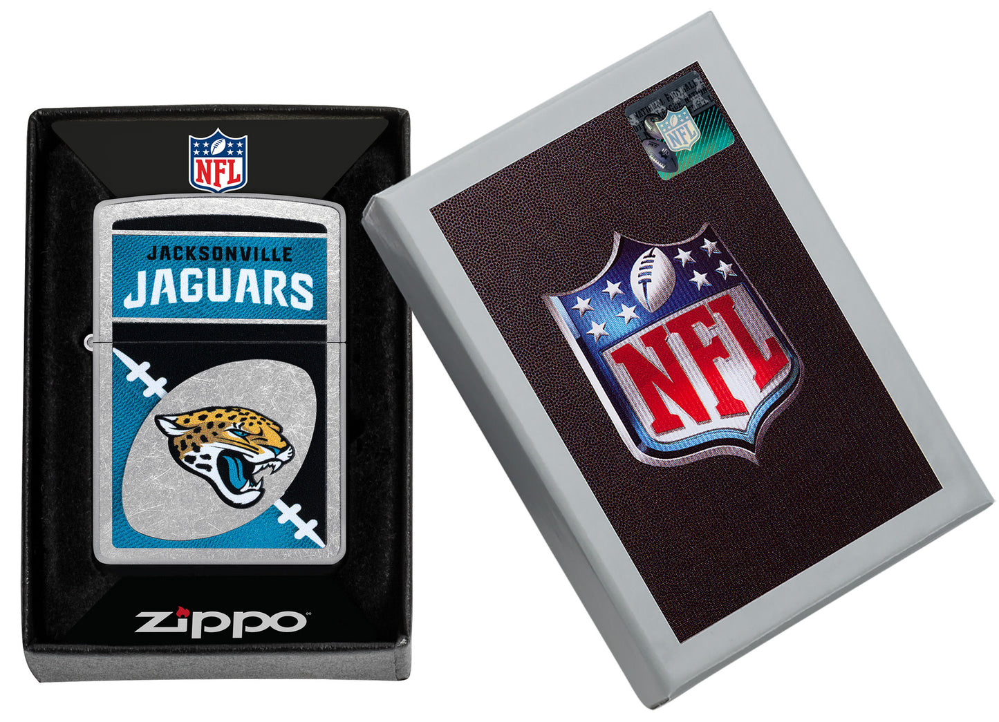 Zippo NFL Jacksonville Jaguars Street Chrome Windproof Lighter in its packaging.