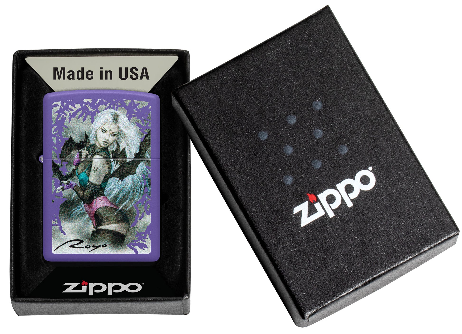 Zippo Luis Royo Purple Matte Windproof Lighter in its packaging.