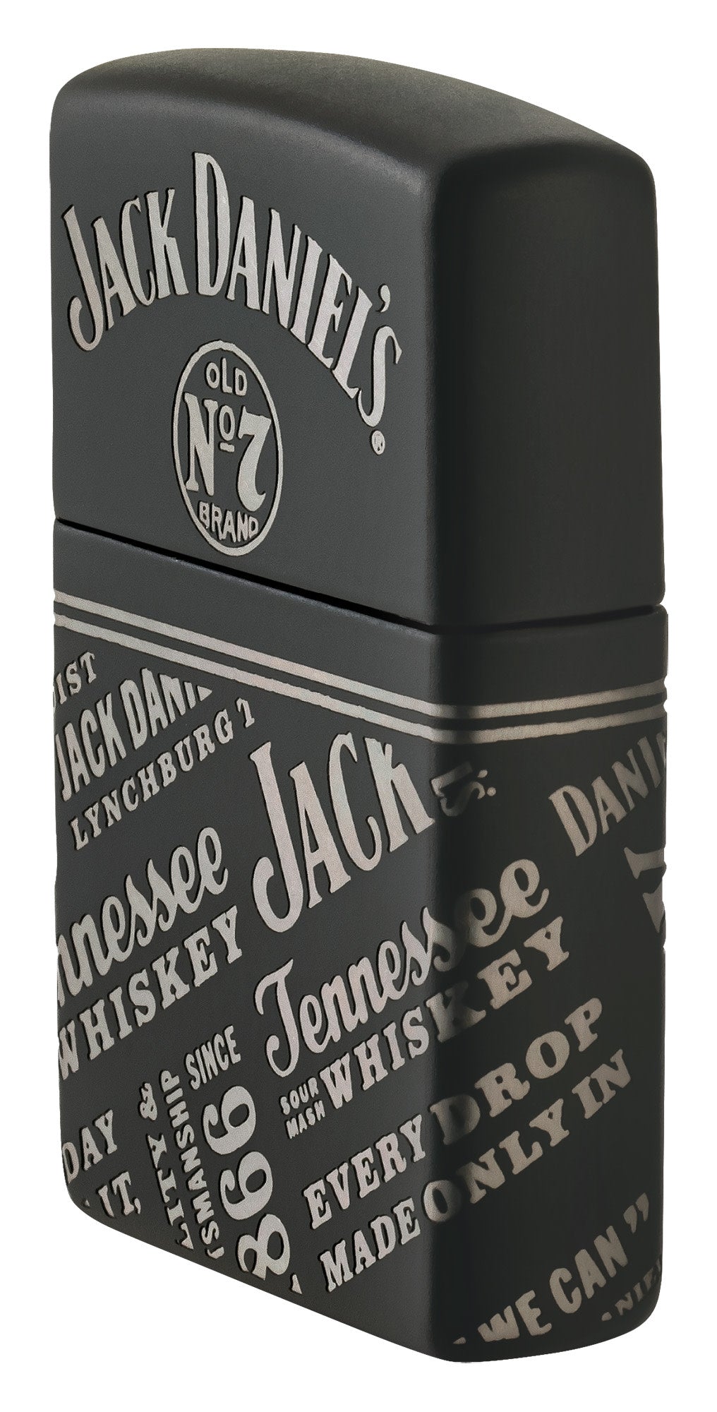 Angled shot of Zippo Jack Daniel's® Every Drop Design Regular Media Chrome Black Matte Windproof Lighter showing the front and right side of the lighter.