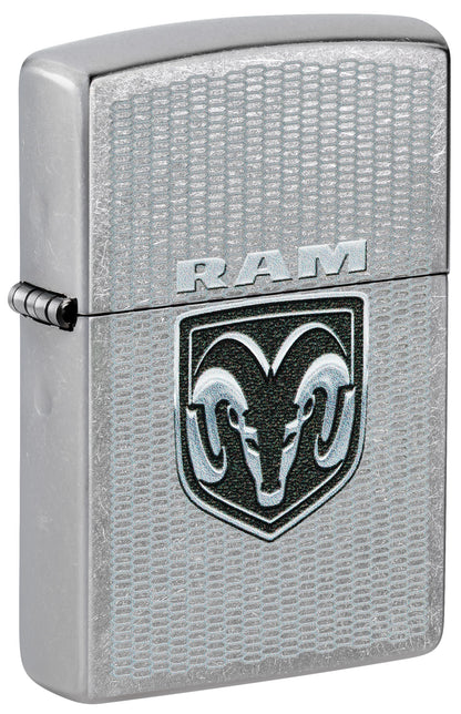 Front shot of Zippo Dodge RAM Design Street Chrome Windproof Lighter standing at a 3/4 angle.